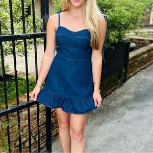 Denim Sweetheart Ruffle-Hem Mini Dress - Blue